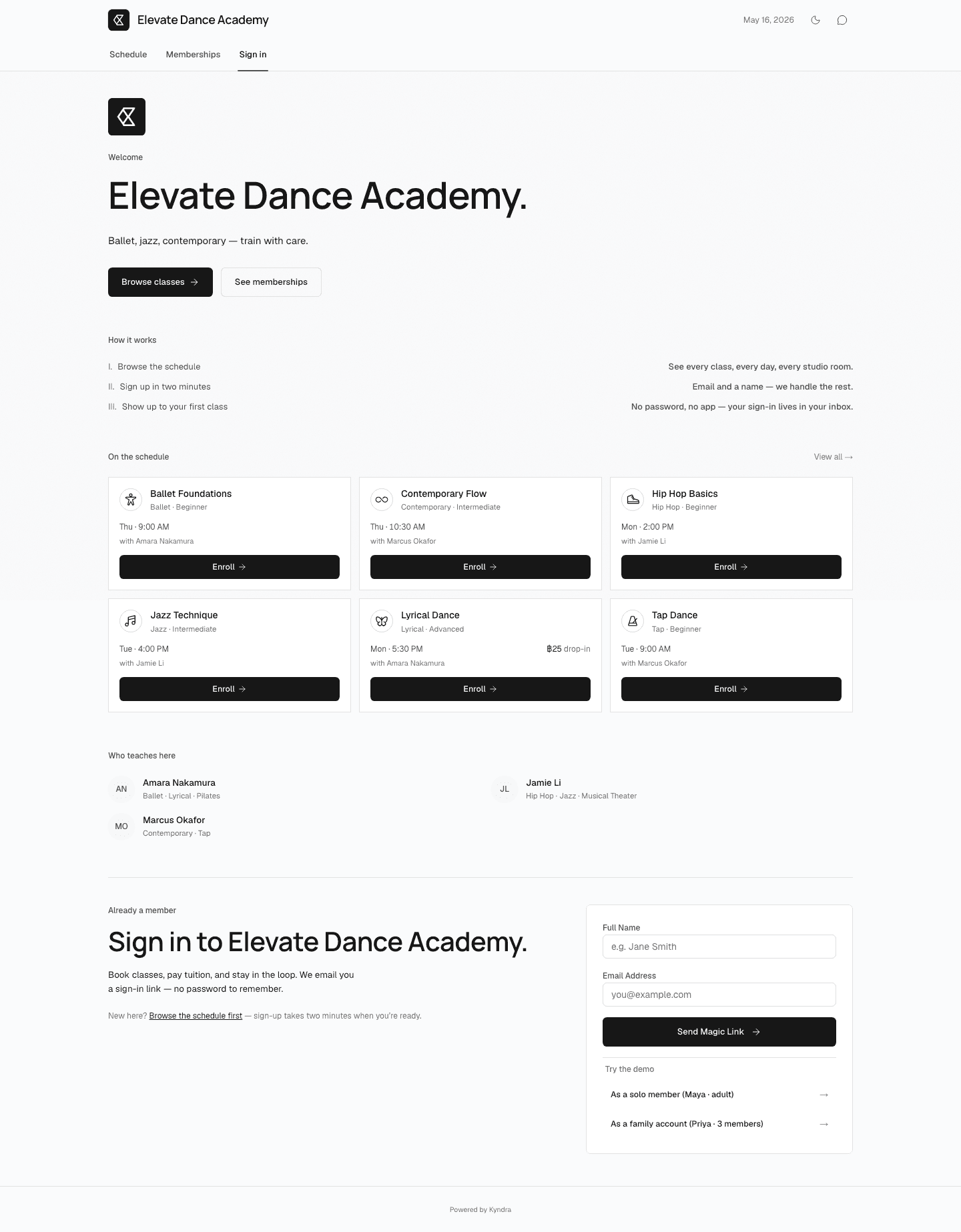 A Kyndra branded public portal showing classes, teachers, enrollment, and member sign-in